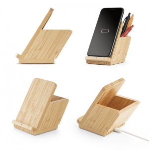 LEAVITT. Suporte para smartphone e porta esferogrficas com carregador wireless rpido 10W em bambu