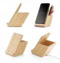 LEAVITT. Suporte para smartphone e porta esferogrficas com carregador wireless rpido 10W em bambu