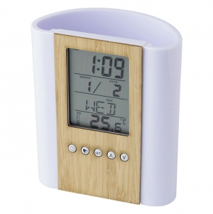 Porta esferogr�ficas de bambu com rel�gio Hassan