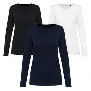 T-shirt Supima  decote V de manga comprida de senhora