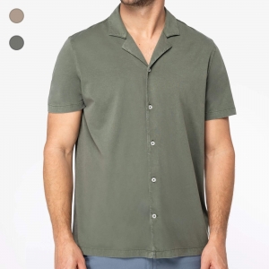 Camisa eco-responsvel com aspecto lavado em jersey de manga curta com colarinho  bowling de homem