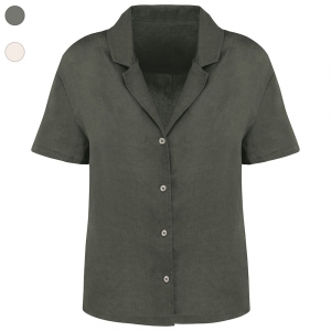 Camisa de manga curta em linho com colarinho � bowling de senhora