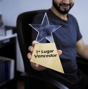 TROF�U ACR�LICO 8MM 14X20CM ACABAMENTO MADEIRA PERSONALIZ�VE